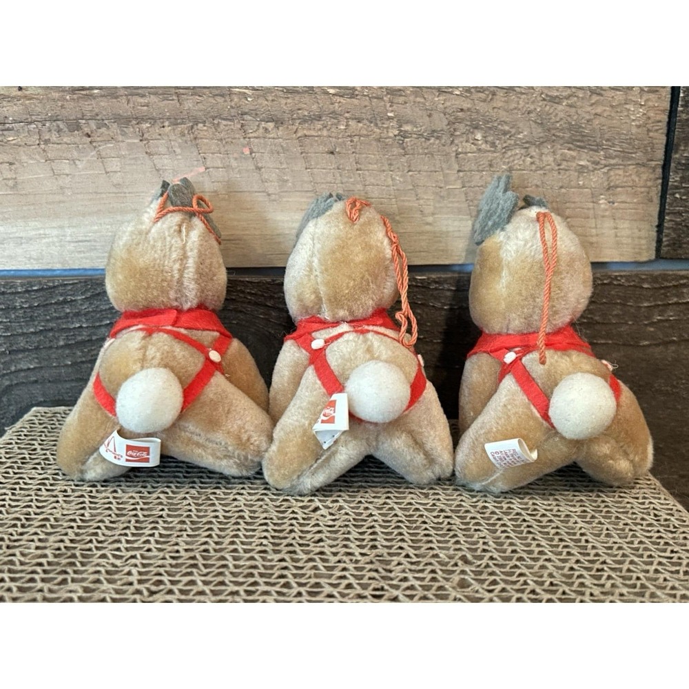 Vintage 1985 McDonalds Coca Cola Plush Reindeer Christmas Tree Ornament Lot Of 3 - Picture 4 of 8